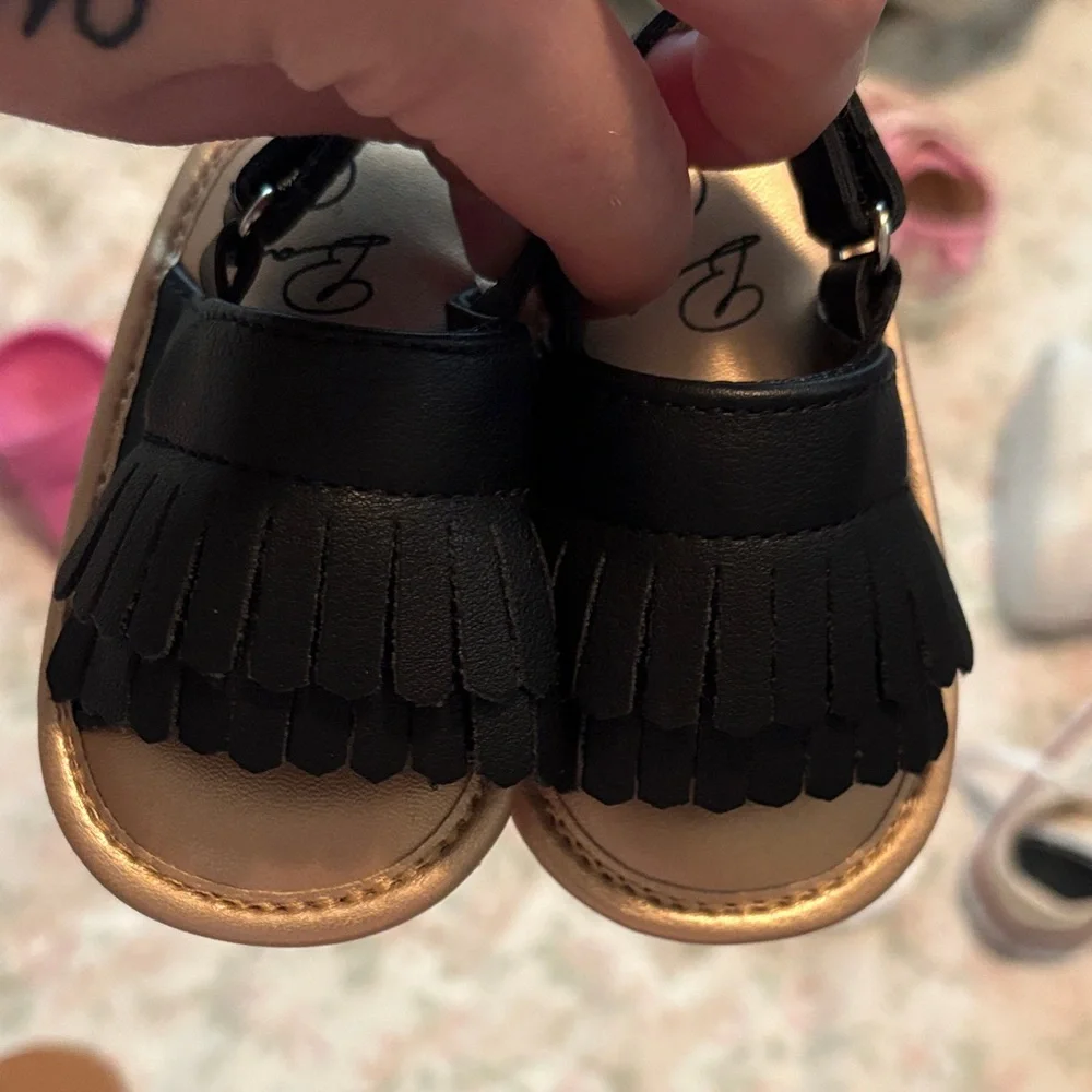 Baby/Toddler Black Fringe Sandals with Gold Insole